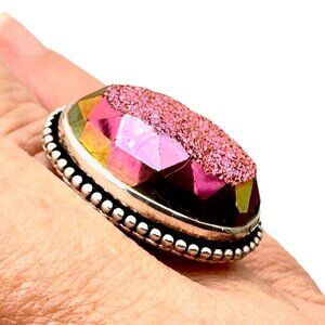 Colleen Lopez Womens Ring Sterling Silver Pink Drusy Quartz Adjustable Statement